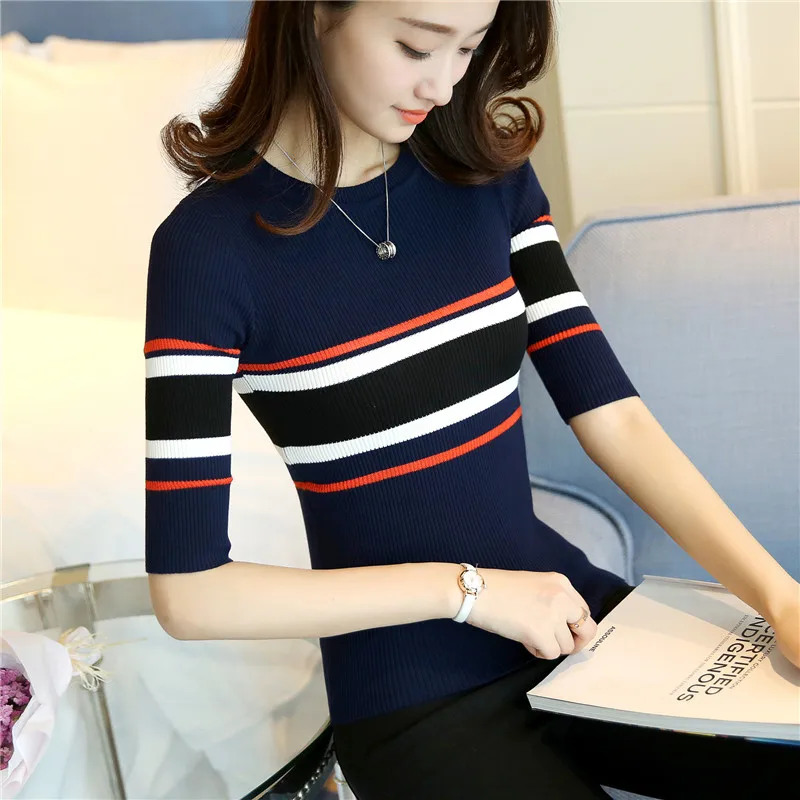 

The new fashion knitted elastic t-shirts cultivate one's morality version Spell color stripe