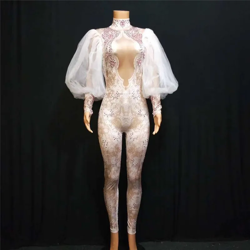 

X06 Party dance stage costumes lace sleeve bodysuit Rhinestone jumpsuit singer wears white outfits bar performance dress clothes