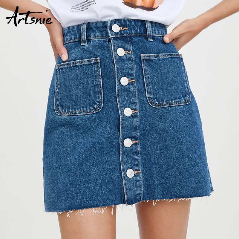 

Artsnie high waist casual blue denim A line skirts women streetwear summer 2019 elegant button double pockets jeans skirts mujer