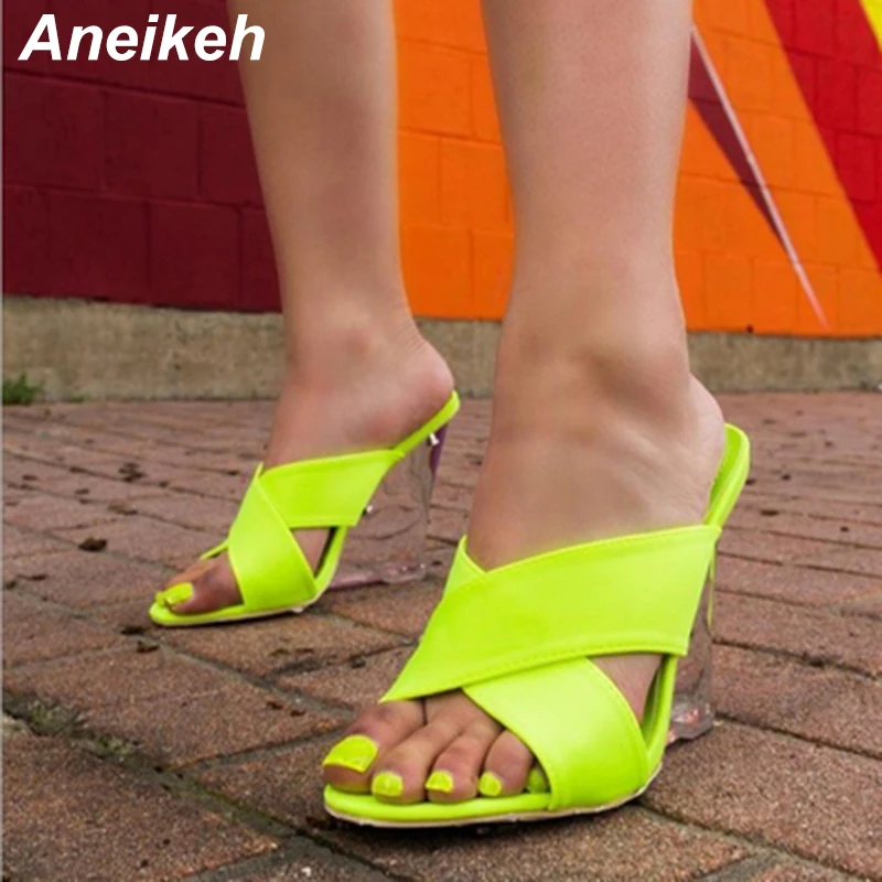 

Aneikeh Fashion Wedges Fluorescent green Peep Toe High Heel Dress Slippers Summer Slip On Slides Women Mules Black Size 35-40