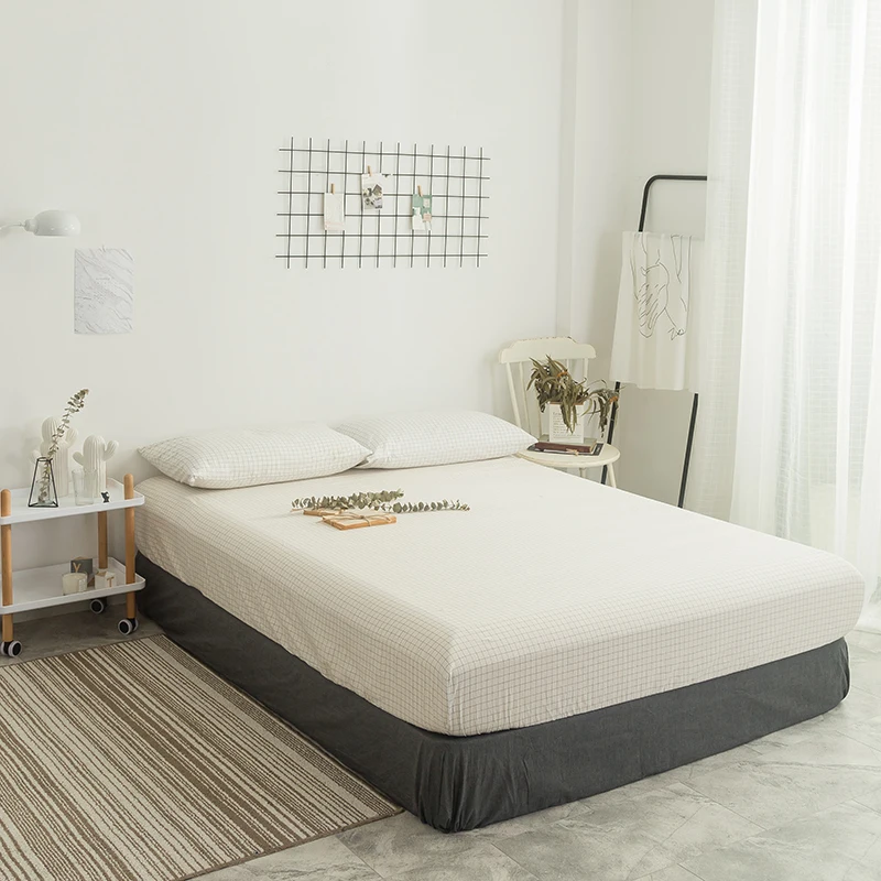 

3 Piece Simple White Small Plaid Pattern Fitted Sheet Bed Sheet/Bedsheet Mattress Cover Protective Case Bed Linen Bedding Set