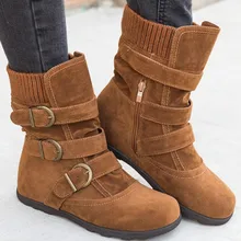 Зимние женские носки; зимние сапоги из искусственной замши; тонкая женская обувь до середины икры на плоской подошве с пряжкой и ремешком на молнии; Botines Mujer
