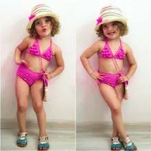 Детский купальный костюм из двух предметов; чистый цвет; купальный костюм с оборками на груди; комплект бикини для маленьких девочек; купальный костюм