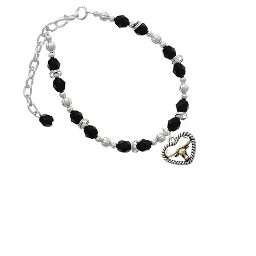 Goldtone Longhorn in Rope Heart Black Beaded Bracelet