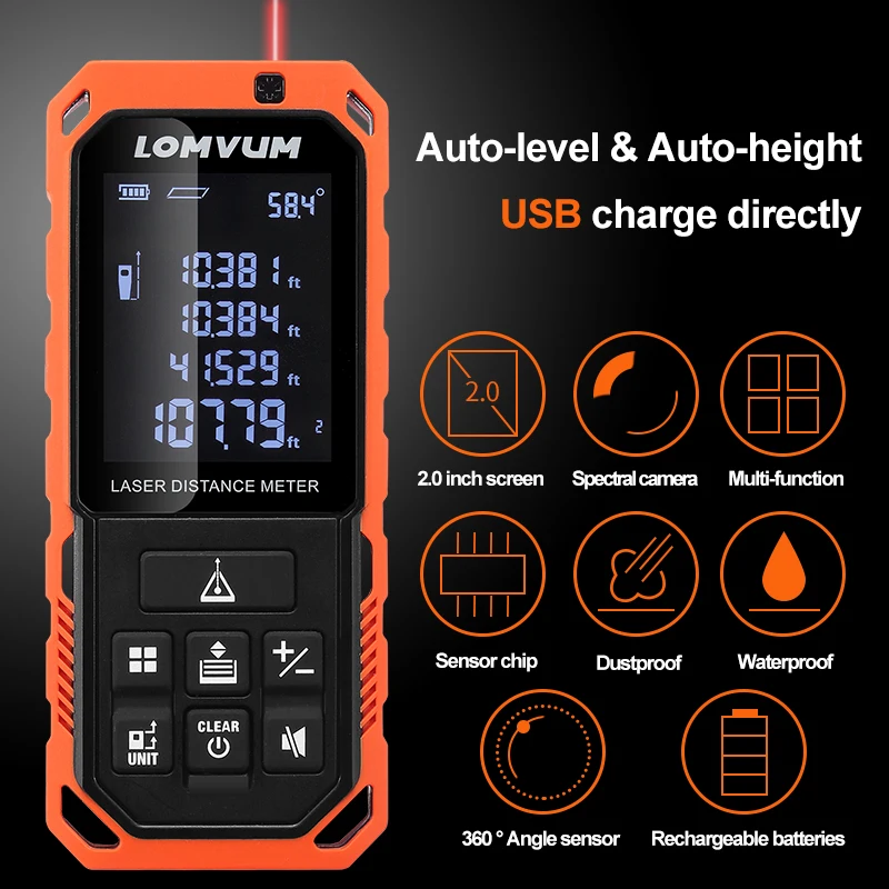 LOMVUM New Arrival 100M LD Rangefinders Digital Rechargeable Battery Auto Level Laser Distance Meter Measurement Instruments