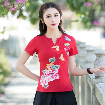 

2019 Embroidery Floral Stand Short Elegant Harajuku New Camisetas Mujer Chinese Style T Shirt Women VintageEthnic Plus Size 4XL