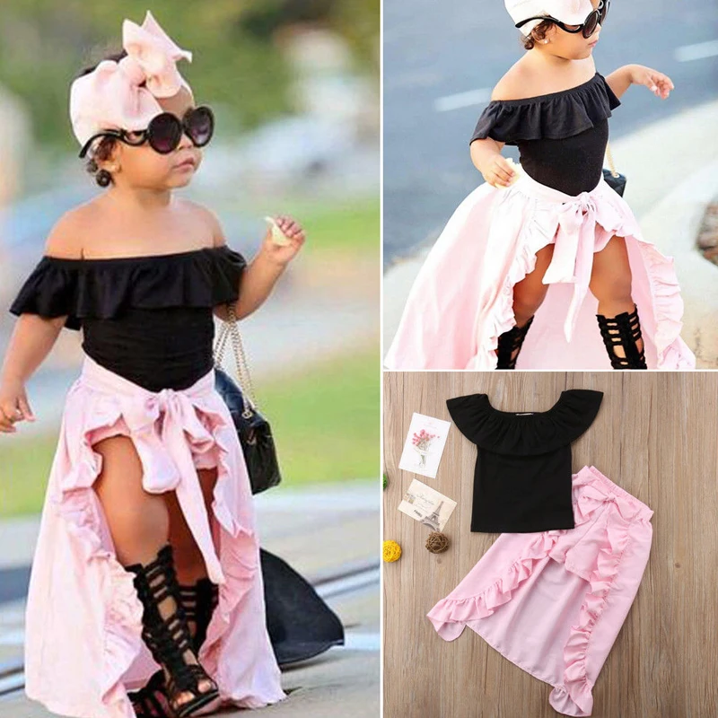 

Fashion Sweet Lovely Summer Toddler Baby Girls Clothes Sets 3PCS Off Shoulder Ruffles Solid Black T-Shirts Top+Pink Skirt+Shorts