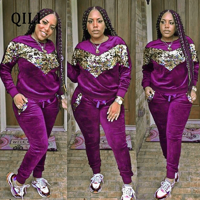 QILI Velvet Long Sleeve Jumpsuits For Women Sequined Two piece set Office Lady Jumpsuit New Autumn Winter Women Casual Jumpsuits