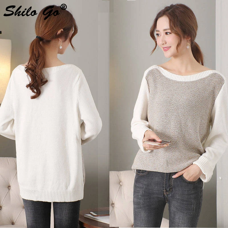 100% Cotton Shoulder Off Sweater Women Spring Plus size Casual Long Sleeve Sweater Tops Streetwear Patchwork Pullover Jumper