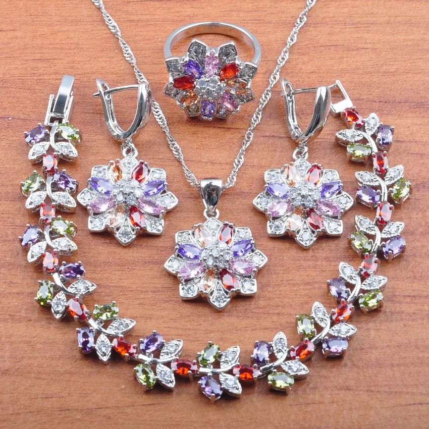 

Bridal 925 Silver Wedding Costume Colorful Zircon 4PCS Jewelry Sets For Women Dangle Earrings/Necklace/Bracelet And Ring JS0275
