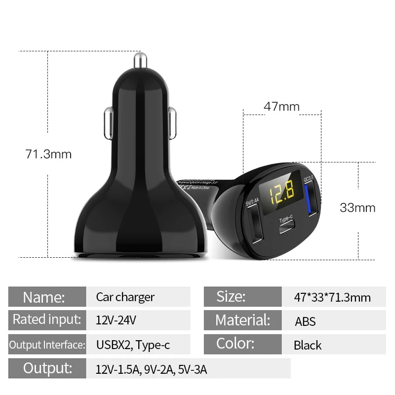 Автомобиль Dual USB Автомобильное зарядное устройство прикуривателя Тип C QC 3,0 Зарядное устройство 5V светодиодный Дисплей адаптер-разветвитель Авто гнездо зарядки электронных аксессуаров