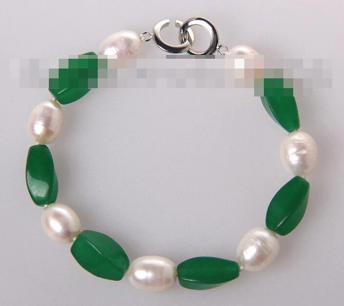 

Hot sell ->@@ > 01045 white baroque freshwater cultured pearl green jade bracelet -Top quality free shipping