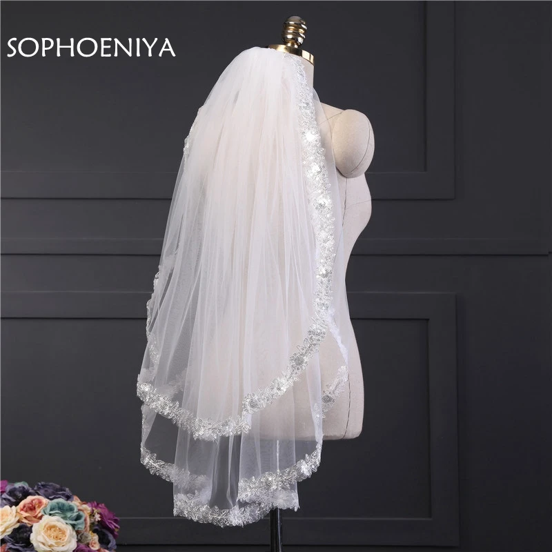 Новое поступление свадебная фата 2019 два Слои края шнурка Bridal veil Недорогие свадебные аксессуары Большие размеры вэу-де-noiva вуаль де-Мари