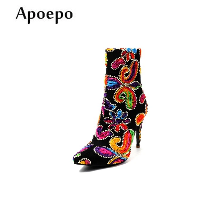 

New 2018 Newest Women's boots Sexy Pointed Toe Crystal Embellished High Heel Boots Runway Ankle Boots Colorful Thin Heel Boot