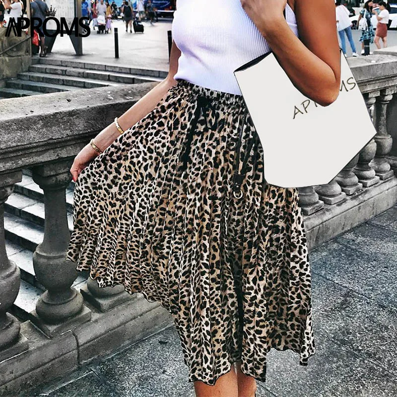 

Aproms Sweet Leopard Print Pleated Skirt Women Autumn Streetwear Fashion Drawstring Elastic High Waist Skirts Ladies Midi Skirt