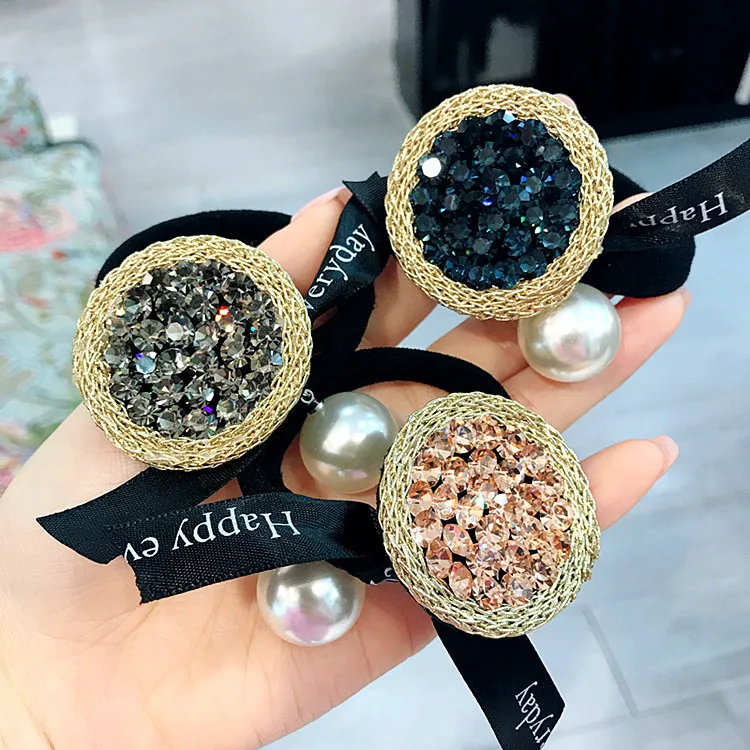 

2019 Shining Crystal Rhinestone Pearl Bow Rubber Elastic Hair Bands Head Tie Rope Ropes Band for Women Girls Jewelry Accessories