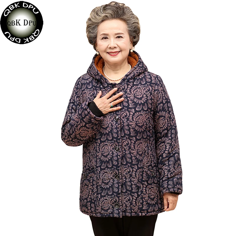 Casual Prints Long Sleeve Hooded Jackets For Elderly Women Winter Warm