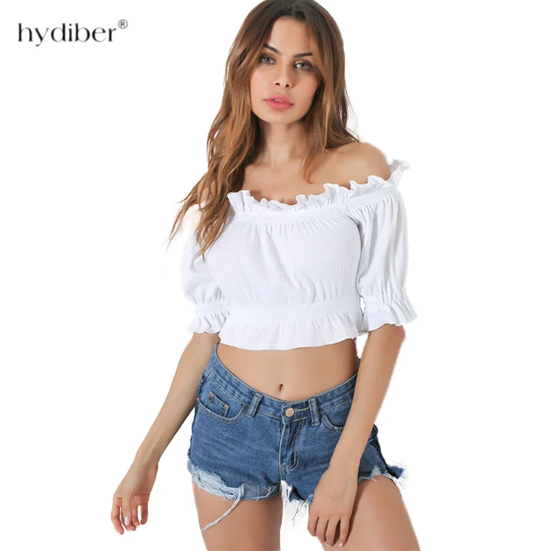 

summer new off shoulder crop top 2018 ruffles t shirt Ruffles women Half sleeve slim casual female t-shirt Short clothes