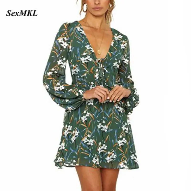 

SEXMKL Sexy V Neck Chiffon Dress 2019 Spring Summer Long Sleeve A-line Floral Print Mini Dresses Ladies Casual Beach Party Dress