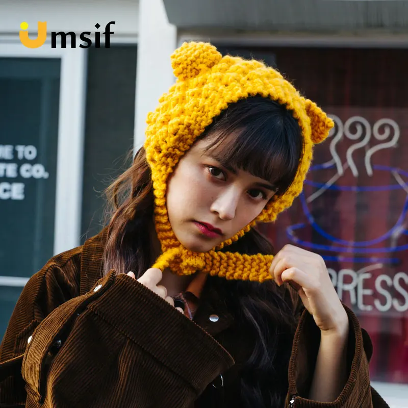 Новинка, зимняя женская шапка с медвежьими ушками, одноцветная вязаная шапка Skullies& Beanies, женская теплая шапка с помпоном, наушники для женщин, шапки бини