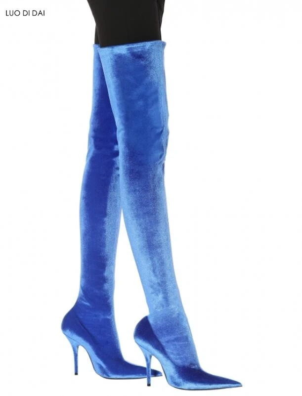 Blue velvet thigh high boots Outlet