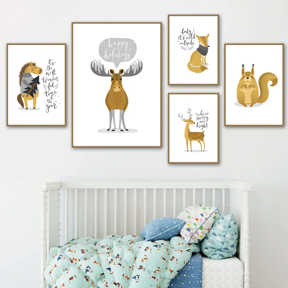

Cartoon Deer Fox Squirrel Horse Moose Wall Art Canvas Painting Nordic Posters And Prints Wall Pictures For Kids Baby Room Decor