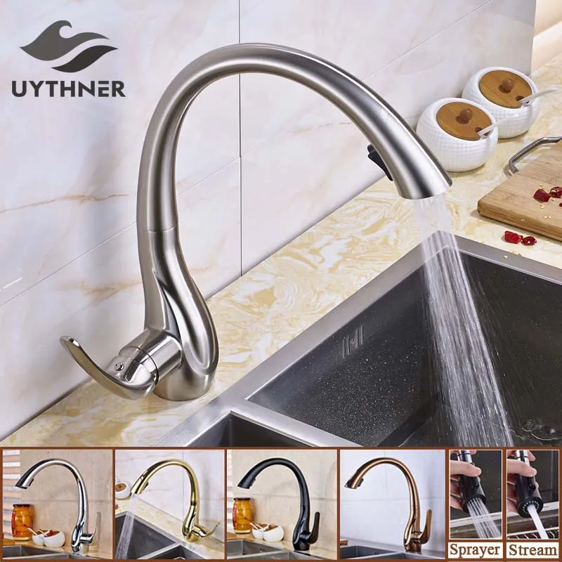 

Uythner Nickel Brushed Pull Down Kitchen Sink Faucet Single Handle 2 Functions Outlet Water Mixer Tap