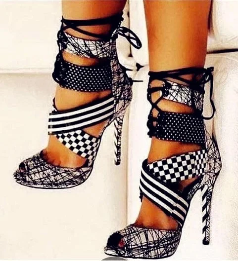 Women Geometric High Heel Sandals Peep Toe Mixed Colors Lace-up ...