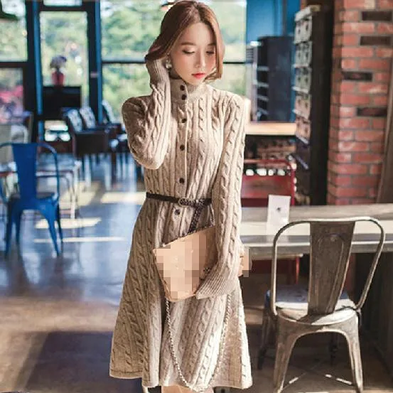 belt Cardigan women winter wool sweater dress new fashion long sweater