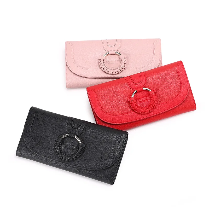 

New ladies long wallet Korean version of the ring woven leather wallet Multi-card lock wallet Goat leather wallet