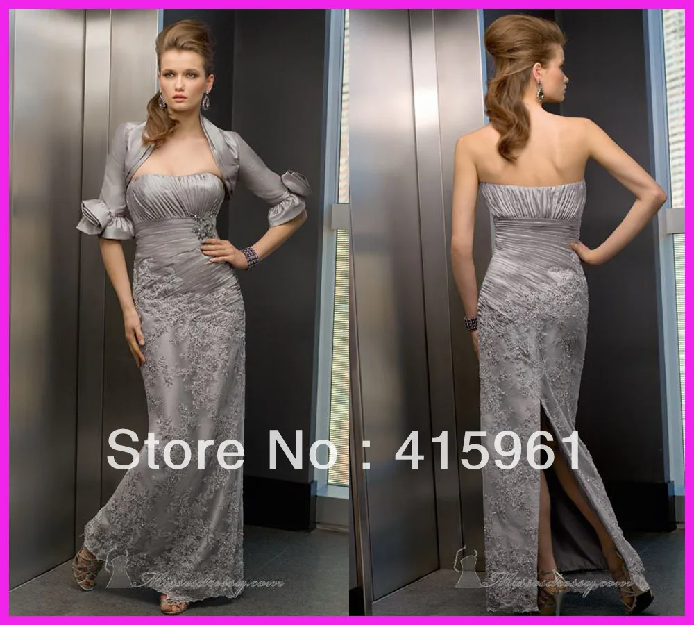 

Luxury Silver Long Sleeves Lace Taffeta Mother of the Bride Dresses Gowns With Jacket M1030