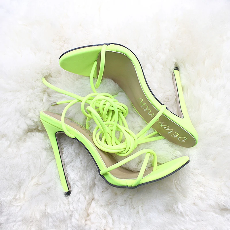 Летние женские босоножки из искусственной кожи на тонком высоком каблуке со шнуровкой новые остроносые туфли с открытым носком на шпильке 11,5 см