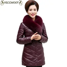 Большой размер, пуховик из натуральной кожи, женская новая зимняя мода, тонкий длинный кожаный женский меховой воротник, теплая кожаная куртка X1335