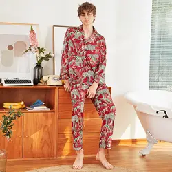 Шелковистые Мужская сна пижамы рубашка брюки костюм мужской пижама из искусственного шелка комплекты Повседневное дома ночная рубашка