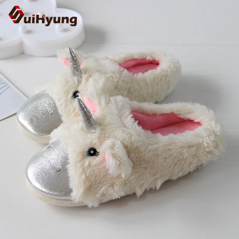 

Suihyung Women Warm Home Slippers Cute Animal Shape Bedroom Floor Shoes Funny Furry Unicorn Indoor Shoes Female Plush Slippers
