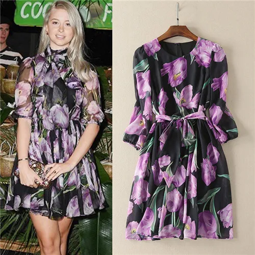 Mujeres fajas púrpura tulipán negro estampado floral dress elegant holiday viento etéreo cortocircuito de la gasa dress medias mangas hecho en china