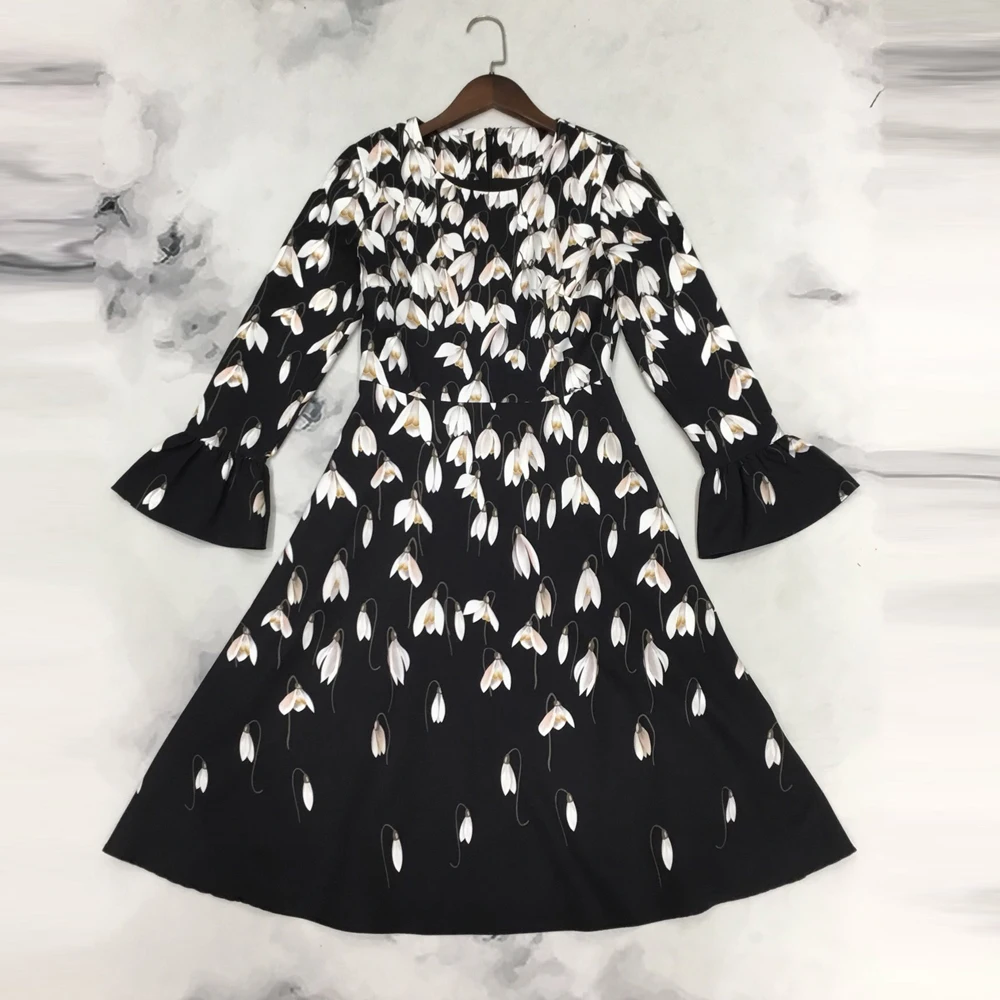 

Red RoosaRosee Runway Designer High-end Women Flower Print Long Sleeve Dress Autumn Vintage Lady Party Black Vestdios Robe Femme