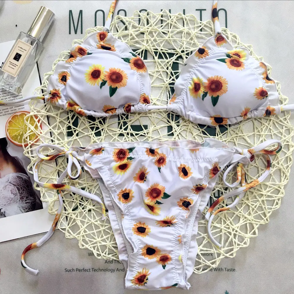 Women Bikini Set Bandage Push-up Padded Bra Swimsuit Swimwear Bathing Suit Sunflower Pineapple Strawberry Print Mujer Biquini