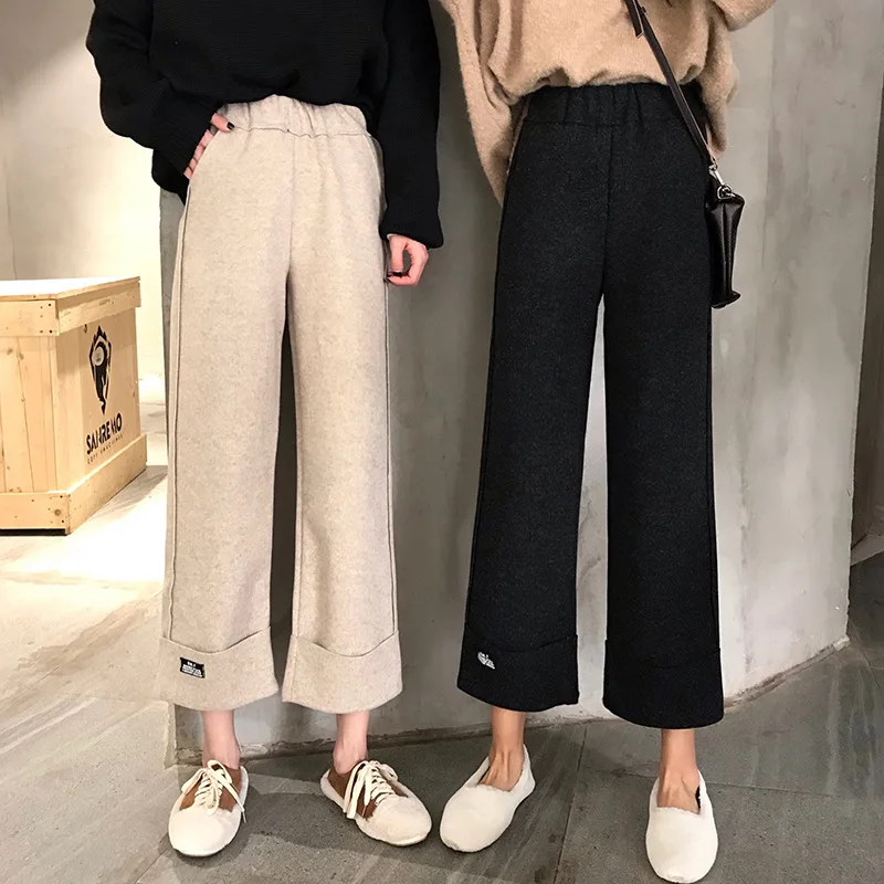 

2019 Autumn And Winter Wide Leg Pants Women Elastic High Waist Casual Women Pant Woolen Ankle-Length Pants Female Basic Trousers