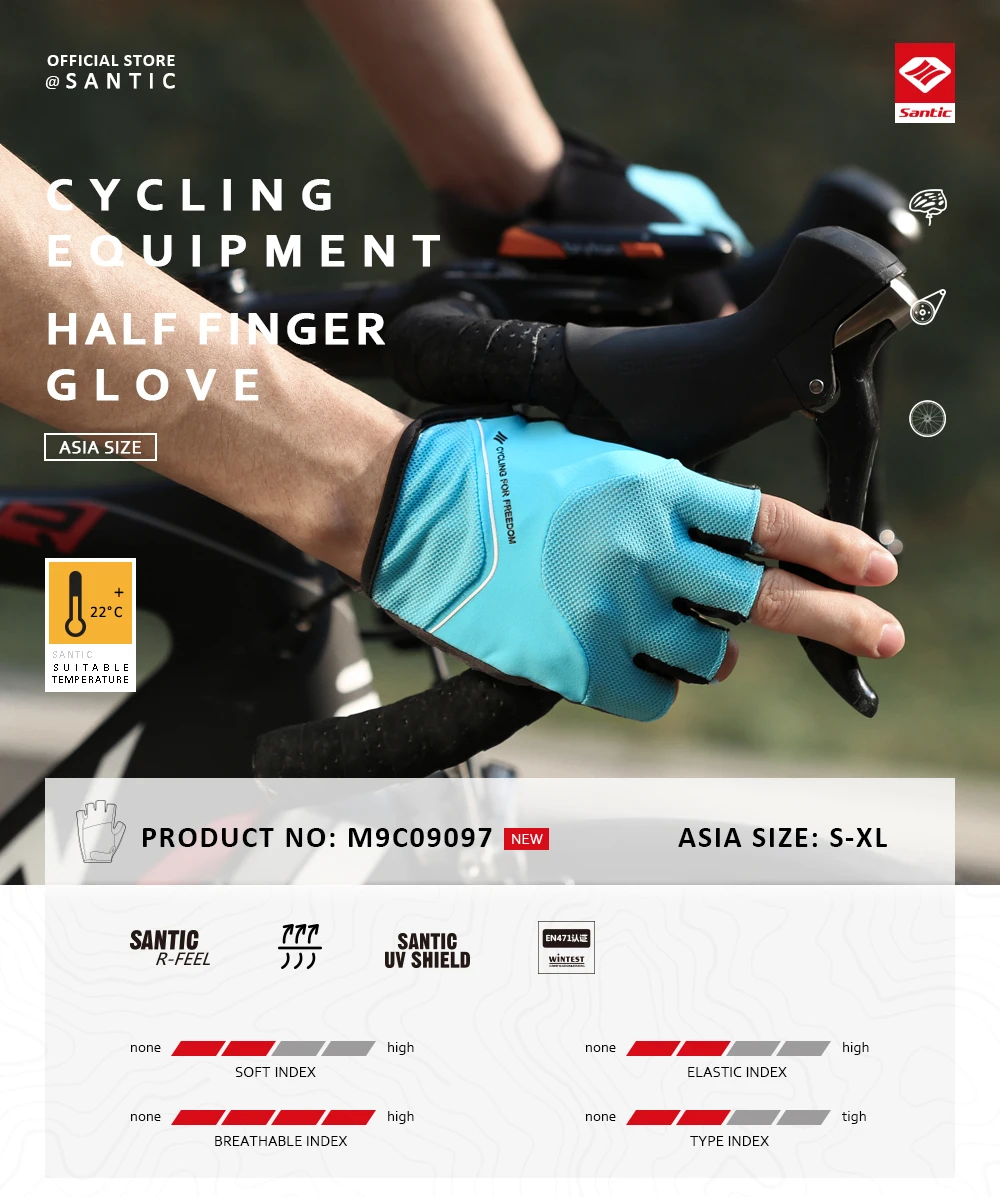 Santic для мужчин и женщин, короткие перчатки для езды на велосипеде, перчатки для шоссейного велосипеда, дышащие, удобные, сетчатые, Азиатский размер M9C09097