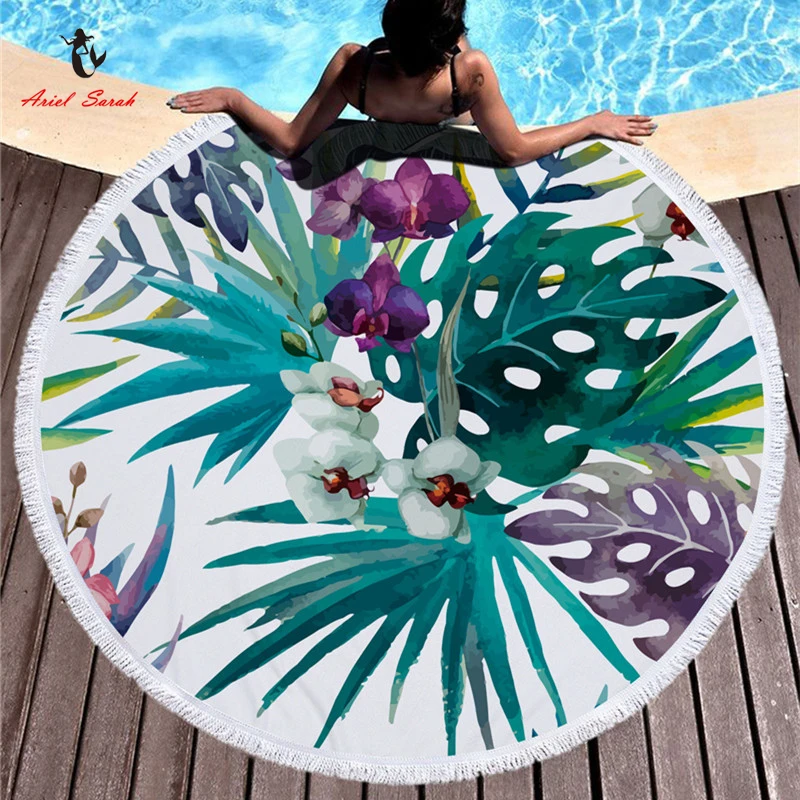 Billige Ariel Sarah Heißer Runde Strand Handtuch Green Leaf Strand Handtuch mit Quasten Mikrofaser Picknick Decke Matte Tapisserie 2019