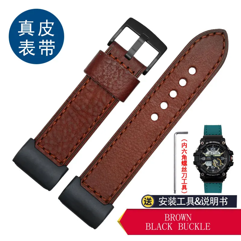 Ремешок для часов GG-1000 GWG-100/GSG-100 Кожаные Ремешки для наручных часов с воловьей браслет мужской 24 мм - Цвет ремешка: brown-black