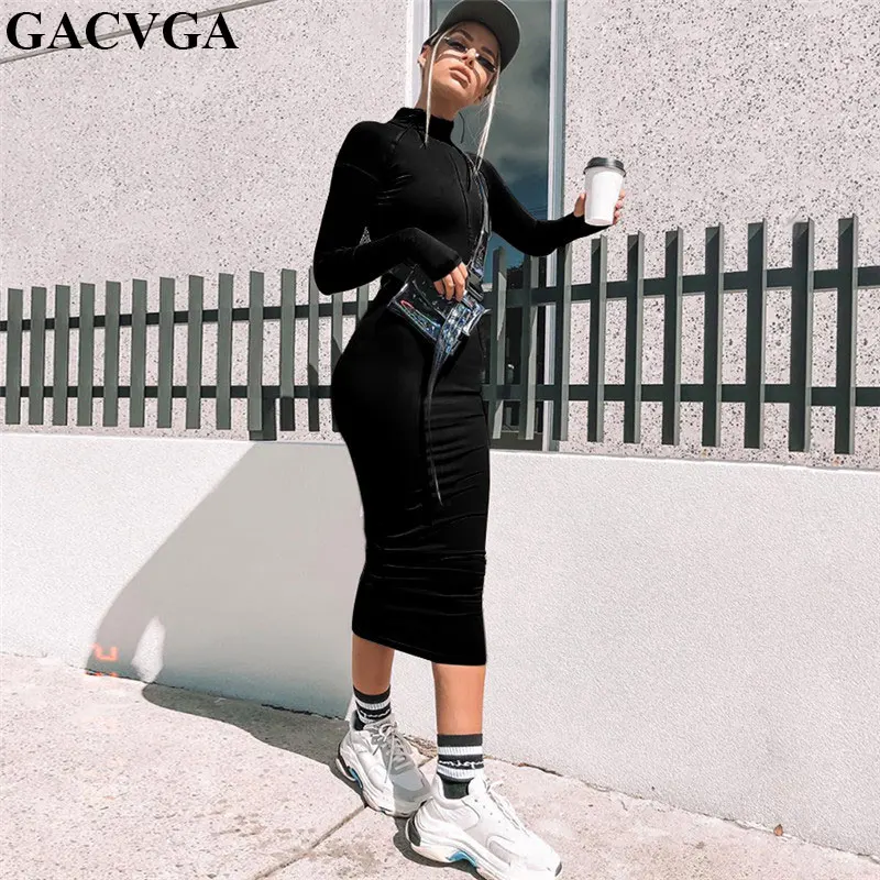 

GACVGA 2019 Autumn Winter Long Sleeve Turtleneck Zipper Sexy Bodycon Midi Dress Women Casual Long Party Club Dresses Vestidos