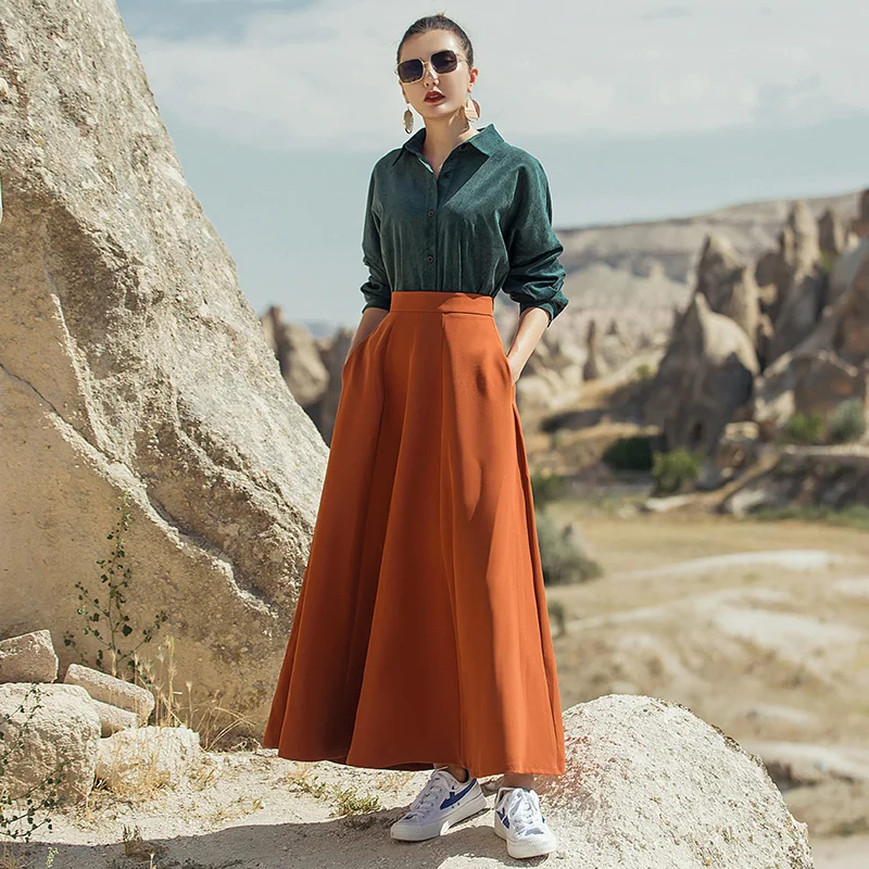 VERRAGEE Осенняя Женская 2019 новая трапециевидная винтажная Ретро одноцветное свободное платье формальный стиль длинная юбка