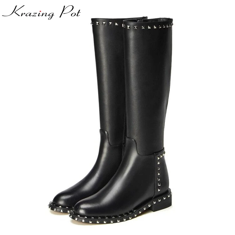 

Krazing pot full grain leather rivets decoration riding boots winter keep warm med heels beauty fashion over-the-knee boots L09