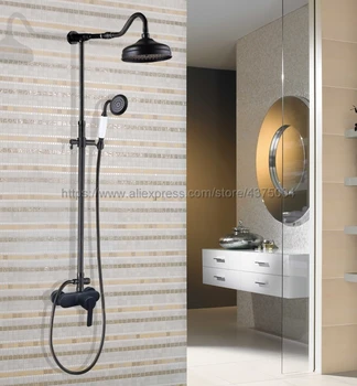 

Black Oil Rubbed Brass Wall Mounted Shower Set Faucet with Hand Sprayer Bathroom Shower Mixers 8" Rainfall Nhg655