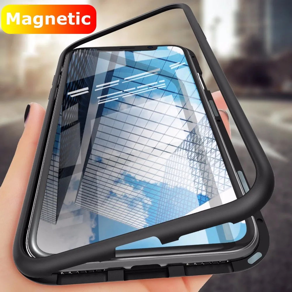 

Magnetic Adsorption Metal Case for iPhone 6 7 8 Plus Xs Max XR Back Cover for Samsung S7 Edge S8 S9 Note 9 8 Tempered Glass Case