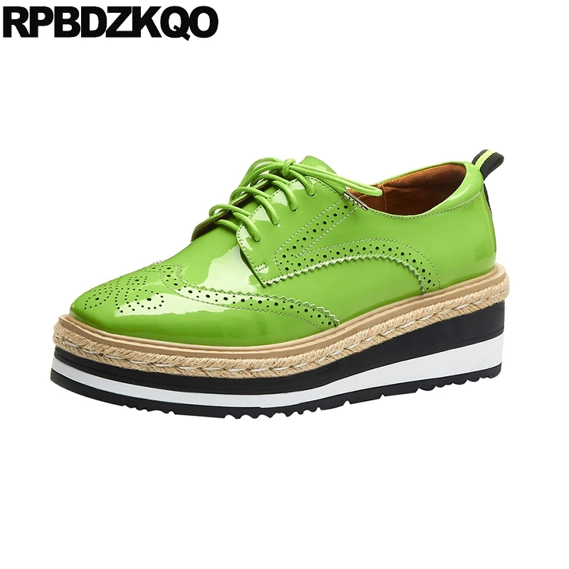 

Creepers Designer Shoes Women Luxury 2019 Rope Platform Casual Patent Leather Brogue Wedge Hemp Square Toe Green Oxfords Muffin