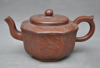 

wedding decoration 7"Old Chinese Yixing Zisha pottery master carved bamboo Teapot tea set tea maker