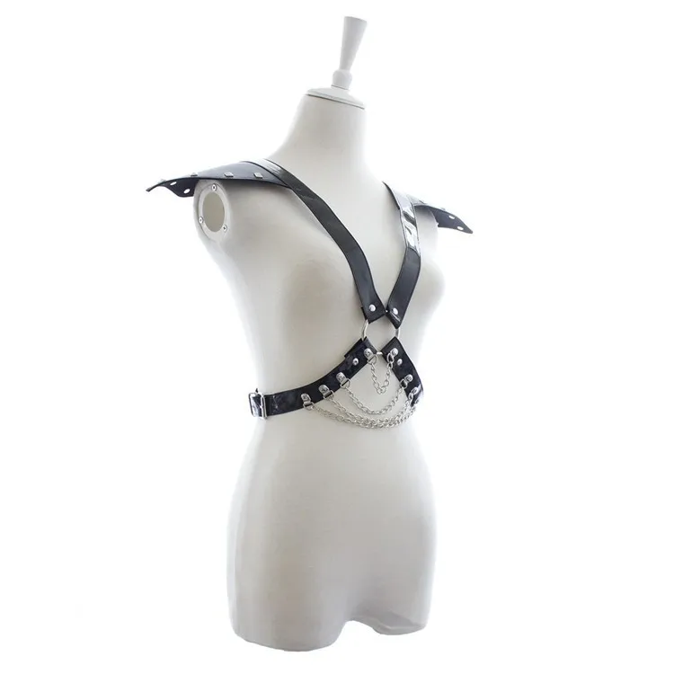 Женское Эротическое кожаные полосчатые страховочная система Cupless укороченный топ с плечевым ремнем и с цепочками Для женщин Фетиш костюм, одежда, костюм